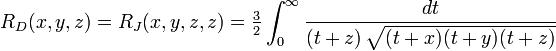 R_D(x,y,z) = R_J(x,y,z,z) = \tfrac{3}{2} \int_0^\infty \frac{dt}{ (t+z) \,\sqrt{(t+x)(t+y)(t+z)}}