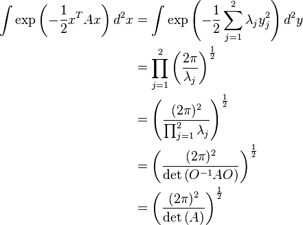 \begin{align}
\int \exp\left( - \frac{1}{2} x^T A x \right) d^2x &= \int \exp\left( - \frac 1 2 \sum_{j=1}^2 \lambda_{j} y_j^2 \right) d^2y \\
&= \prod_{j=1}^2 \left( { 2\pi \over \lambda_j } \right)^{1\over 2} \\ 
&= \left( { (2\pi)^2  \over \prod_{j=1}^2 \lambda_j } \right)^{1\over 2} \\
&= \left( { (2\pi)^2  \over \det{ \left( O^{-1}AO \right)}  } \right)^{1\over 2} \\
&= \left( { (2\pi)^2  \over \det{ \left( A \right)}  } \right)^{1\over 2}
\end{align}