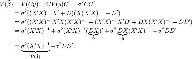 
\begin{align}
V(\tilde\beta) &= V(Cy) = CV(y)C' = \sigma^2 CC' \\
&= \sigma^2((X'X)^{-1}X' + D)(X(X'X)^{-1} + D') \\
&= \sigma^2((X'X)^{-1}X'X(X'X)^{-1} + (X'X)^{-1}X'D' + DX(X'X)^{-1} + DD') \\
&= \sigma^2(X'X)^{-1} + \sigma^2(X'X)^{-1} (\underbrace{DX}_{0})' + \sigma^2 \underbrace{DX}_{0} (X'X)^{-1} + \sigma^2DD' \\
&= \underbrace{\sigma^2(X'X)^{-1}}_{V(\hat\beta)} + \sigma^2DD'.
\end{align}
