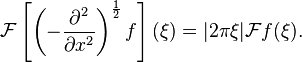 \mathcal{F}\left[\left(-\frac{\partial^2}{\partial x^2} \right)^{\frac{1}{2}}f\right](\xi) = |2\pi\xi|\mathcal{F}f(\xi).