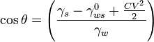  \cos \theta = \left(\frac{\gamma_s - \gamma _{ws}^0 +\frac{CV^2}{2}}{\gamma_w}\right) \,