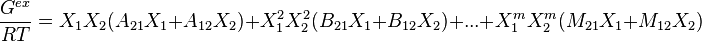 
\frac{G^{ex}}{RT}=X_1 X_2 (A_{21} X_1 +A_{12} X_2) + X_1^2 X_2^2 (B_{21}X_1+ B_{12} X_2) + ... +  X_1^m X_2^m (M_{21}X_1+ M_{12} X_2) 
