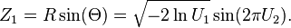 Z_1 = R \sin(\Theta) = \sqrt{-2 \ln U_1} \sin(2 \pi U_2).\,