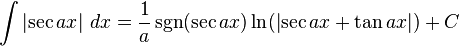 \int \left| \sec{ax} \right|\,dx = \frac{1}{a}\sgn(\sec{ax}) \ln(\left| \sec{ax} + \tan{ax} \right|)  + C 