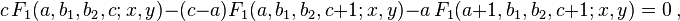 
c \,F_1(a,b_1,b_2,c; x,y) - (c-a) F_1(a,b_1,b_2,c+1; x,y) - a \,F_1(a+1,b_1,b_2,c+1; x,y) = 0 ~,
