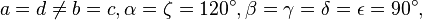 a = d \ne b = c, \alpha = \zeta = 120 ^\circ, \beta = \gamma  = \delta = \epsilon = 90 ^\circ, 