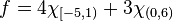 f = 4 \chi_{[-5, 1)} + 3 \chi_{(0, 6)}\,