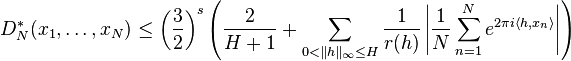 
D_{N}^{*}(x_1,\ldots,x_N)\leq
\left(\frac{3}{2}\right)^s
\left(
\frac{2}{H+1}+
\sum_{0<\|h\|_{\infty}\leq H}\frac{1}{r(h)}
\left|
\frac{1}{N}
\sum_{n=1}^{N} e^{2\pi i\langle h,x_n\rangle}
\right|
\right)
