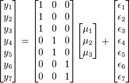 {\begin{bmatrix}y_{1}\\y_{2}\\y_{3}\\y_{4}\\y_{5}\\y_{6}\\y_{7}\end{bmatrix}}={\begin{bmatrix}1&0&0\\1&0&0\\1&0&0\\0&1&0\\0&1&0\\0&0&1\\0&0&1\end{bmatrix}}{\begin{bmatrix}\mu _{1}\\\mu _{2}\\\mu _{3}\end{bmatrix}}+{\begin{bmatrix}\epsilon _{1}\\\epsilon _{2}\\\epsilon _{3}\\\epsilon _{4}\\\epsilon _{5}\\\epsilon _{6}\\\epsilon _{7}\end{bmatrix}}