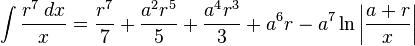 \int {\frac {r^{7}\;dx}{x}}={\frac {r^{7}}{7}}+{\frac {a^{2}r^{5}}{5}}+{\frac {a^{4}r^{3}}{3}}+a^{6}r-a^{7}\ln \left|{\frac {a+r}{x}}\right|