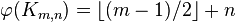 \varphi(K_{m,n}) = \lfloor (m-1)/2\rfloor+n