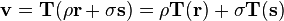  \mathbf{v} = \mathbf{T}(\rho\mathbf{r} + \sigma\mathbf{s}) = \rho\mathbf{T}(\mathbf{r}) + \sigma\mathbf{T}(\mathbf{s}) 