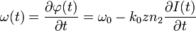 \omega (t) = \frac{\partial \varphi (t)}{\partial t} = \omega_0 - k_0 z n_2 \frac{\partial I(t) }{\partial t}