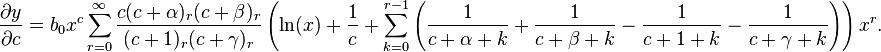 \frac{\partial y}{\partial c} = b_0 x^c \sum_{r = 0}^\infty \frac{c(c + \alpha)_r (c + \beta)_r}{(c + 1)_r (c + \gamma)_r} \left(\ln(x) + \frac{1}{c} + \sum_{k = 0}^{r - 1} \left(\frac{1}{c + \alpha + k} + \frac{1}{c + \beta + k} - \frac{1}{c + 1 + k} - \frac{1}{c + \gamma + k} \right) \right) x^r.