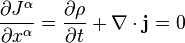 \dfrac{\partial J^\alpha}{\partial x^\alpha} = \frac{\partial \rho}{\partial t} + \nabla \cdot \mathbf{j} = 0