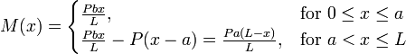 M(x) = \begin{cases}   
    \tfrac{Pbx}{L},  & \mbox{for } 0 \le x \le a  \\  
    \tfrac{Pbx}{L}-P(x-a)=\tfrac{Pa(L-x)}{L}, & \mbox{for } a < x \le L
    \end{cases}