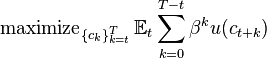 
\operatorname{maximize}\limits_{\{c_k\}_{k=t}^T} \mathbb E_t\sum_{k=0}^{T-t} \beta^k u(c_{t+k})
