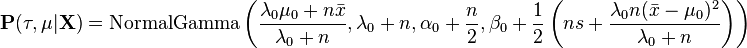 
\mathbf{P}(\tau, \mu | \mathbf{X}) = \text{NormalGamma}\left(\frac{\lambda_0 \mu_0 + n \bar{x}}{\lambda_0 + n}, \lambda_0 + n, \alpha_0+\frac{n}{2}, \beta_0+ \frac{1}{2}\left(n s + \frac{\lambda_0 n (\bar{x} - \mu_0 )^2}{\lambda_0 +n} \right) \right)
