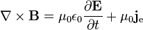 \nabla \times \mathbf{B} = \mu_0 \epsilon_0 \frac{\partial \mathbf{E}} {\partial t} + \mu_0 \mathbf{j}_{\mathrm e}