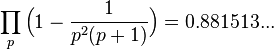  \prod_{p} \Big(1 - \frac{1}{p^2(p+1)}\Big) = 0.881513... 