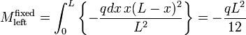 M_{\mathrm{left}}^{\mathrm{fixed}} = \int_{0}^{L} \left \{ - \frac{q dx \, x (L-x)^2 }{L^2} \right \}= - \frac{q L^2}{12} 