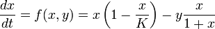 \frac{dx}{dt} = f(x, y) = x\left(1 - \frac{x}{K}\right) - y \frac{x}{1 + x}