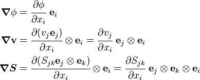    \begin{align}
   \boldsymbol{\nabla}\phi & = \cfrac{\partial\phi}{\partial x_i}~\mathbf{e}_i \\
   \boldsymbol{\nabla}\mathbf{v} & = \cfrac{\partial (v_j \mathbf{e}_j)}{\partial x_i}\otimes\mathbf{e}_i  = \cfrac{\partial v_j}{\partial x_i}~\mathbf{e}_j\otimes\mathbf{e}_i\\
   \boldsymbol{\nabla}\boldsymbol{S} & = \cfrac{\partial (S_{jk} \mathbf{e}_j\otimes\mathbf{e}_k)}{\partial x_i}\otimes\mathbf{e}_i  = \cfrac{\partial S_{jk}}{\partial x_i}~\mathbf{e}_j\otimes\mathbf{e}_k\otimes\mathbf{e}_i
   \end{align}
 