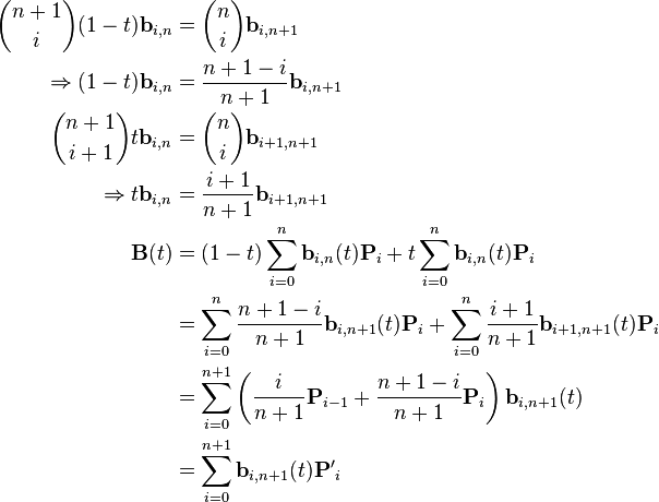 \begin{align}
  {n + 1 \choose i}(1 - t)\mathbf{b}_{i, n} &= {n \choose i} \mathbf{b}_{i, n + 1} \\
       \Rightarrow (1 - t)\mathbf{b}_{i, n} &= \frac{n + 1 - i}{n + 1} \mathbf{b}_{i, n + 1} \\
   {n + 1 \choose i + 1} t\mathbf{b}_{i, n} &= {n \choose i} \mathbf{b}_{i + 1, n + 1} \\
             \Rightarrow t\mathbf{b}_{i, n} &= \frac{i + 1}{n + 1} \mathbf{b}_{i + 1, n + 1} \\

  \mathbf{B}(t) &= (1 - t)\sum_{i=0}^n \mathbf{b}_{i, n}(t)\mathbf{P}_i
                   + t\sum_{i=0}^n \mathbf{b}_{i, n}(t)\mathbf{P}_i \\
                &= \sum_{i=0}^n \frac{n + 1 - i}{n + 1}\mathbf{b}_{i, n + 1}(t)\mathbf{P}_i
                   + \sum_{i=0}^n \frac{i + 1}{n + 1}\mathbf{b}_{i + 1, n + 1}(t)\mathbf{P}_i \\
                &= \sum_{i=0}^{n + 1} \left(\frac{i}{n + 1}\mathbf{P}_{i - 1}
                   + \frac{n + 1 - i}{n + 1}\mathbf{P}_i\right) \mathbf{b}_{i, n + 1}(t) \\
                &= \sum_{i=0}^{n + 1} \mathbf{b}_{i, n + 1}(t)\mathbf{P'}_i
\end{align}