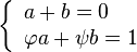 \left\{\begin{array}{l} a + b = 0\\ \varphi a + \psi b = 1\end{array}\right.