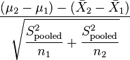  \frac{(\mu_2-\mu_1)-(\bar X_2 - \bar X_1)}{\displaystyle\sqrt{\frac{S^2_\mathrm{pooled}}{n_1} + \frac{S^2_\mathrm{pooled}}{n_2} }} 