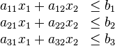 \begin{matrix}
  a_{11} x_1 + a_{12} x_2 &\leq b_1 \\
  a_{21} x_1 + a_{22} x_2 &\leq b_2 \\
  a_{31} x_1 + a_{32} x_2 &\leq b_3 \\
\end{matrix}