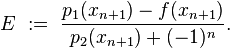 E \ := \ \frac{p_1(x_{n+1}) - f(x_{n+1})}{p_2(x_{n+1}) + (-1)^n}.