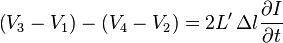 \left(V_3 - V_1\right)-\left(V_4-V_2\right) = 2L'\,\Delta l\frac{\partial I}{\partial t}