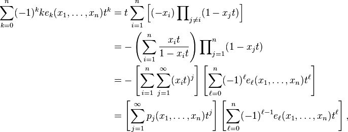 \begin{align}
  \sum_{k=0}^n (-1)^{k}k e_k(x_1,\ldots,x_n) t^k 
    &=      t \sum_{i=1}^n \left[(-x_i) \prod\nolimits_{j \neq i}(1 - x_jt)\right]\\
    &= -\left(\sum_{i=1}^n \frac{x_it}{1 - x_it}\right) \prod\nolimits_{j=1}^n (1 - x_jt)\\
    &= -\left[\sum_{i=1}^n \sum_{j=1}^\infty(x_it)^j\right]\left[\sum_{\ell=0}^n (-1)^\ell e_\ell(x_1,\ldots,x_n) t^\ell\right]\\
    &=  \left[\sum_{j=1}^\infty p_j(x_1, \ldots, x_n)t^j\right] \left[\sum_{\ell=0}^n (-1)^{\ell - 1} e_\ell(x_1, \ldots, x_n) t^\ell\right],\\
\end{align}