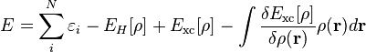 E = \sum_{i}^N \varepsilon_i - E_{H}[\rho] + E_{\rm xc}[\rho] - \int {\delta E_{\rm xc}[\rho]\over\delta\rho(\mathbf r)} \rho(\mathbf{r}) d\mathbf{r}