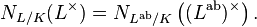 N_{L/K}(L^\times)=N_{L^{\text{ab}}/K}\left((L^{\text{ab}})^\times\right).