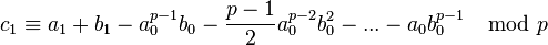 c_1\equiv a_1+b_1- a_0^{p-1}b_0-\frac{p-1}{2}a_0^{p-2}b_0^2-...- a_0 b_0^{p-1}\mod p