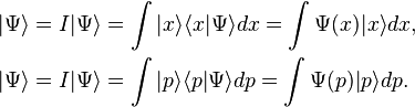 \begin{align}
|\Psi\rangle = I|\Psi\rangle &= \int |x\rangle \langle x|\Psi\rangle dx = \int \Psi(x) |x\rangle dx,\\
|\Psi\rangle = I|\Psi\rangle &= \int |p\rangle \langle p|\Psi\rangle dp = \int \Psi(p) |p\rangle dp.\end{align}