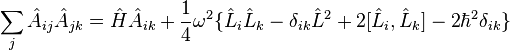 \sum_j\hat{A}_{ij}\hat{A}_{jk}=\hat{H}\hat{A}_{ik}+\frac{1}{4}\omega^2\{\hat{L}_i\hat{L}_k-\delta_{ik}\hat{L}^2+2[\hat{L}_i,\hat{L}_k]-2\hbar^2\delta_{ik}\}