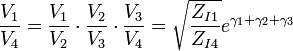 \frac{V_1}{V_4}=\frac{V_1}{V_2}\cdot\frac{V_2}{V_3}\cdot\frac{V_3}{V_4}=\sqrt{\frac{Z_{I1}}{Z_{I4}}}e^{\gamma_1+\gamma_2+\gamma_3}