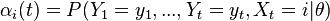 \alpha_i(t)=P(Y_1=y_1,...,Y_t=y_t,X_t=i|\theta)