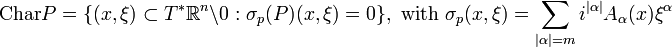 \mathop{\rm Char}P=\{(x,\xi)\subset T^*\R^n\backslash 0:\sigma_p(P)(x,\xi)=0\},\text{ with }\sigma_p(x,\xi)=\sum_{|\alpha|=m}i^{|\alpha|}A_\alpha(x)\xi^\alpha\,