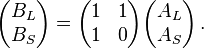 \begin{pmatrix} B_L \\ B_S\end{pmatrix} = \begin{pmatrix} 1 & 1 \\ 1 & 0 \end{pmatrix} \begin{pmatrix} A_L \\ A_S \end{pmatrix}\, .