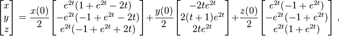 \begin{bmatrix}x \\y \\ z\end{bmatrix}=
\frac{x(0)}{2}\begin{bmatrix}e^{2t}(1+e^{2t}-2t) \\-e^{2t}(-1+e^{2t}-2t)\\e^{2t}(-1+e^{2t}+2t)\end{bmatrix}
+\frac{y(0)}{2}\begin{bmatrix}-2te^{2t}\\2(t+1)e^{2t}\\2te^{2t}\end{bmatrix}
+\frac{z(0)}{2}\begin{bmatrix}e^{2t}(-1+e^{2t})\\-e^{2t}(-1+e^{2t})\\e^{2t}(1+e^{2t})\end{bmatrix} ~,