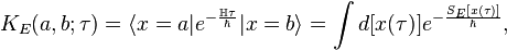 K_E(a,b;\tau)=\langle x=a|e^{-\frac{\mathbb{H}\tau}{\hbar}}|x=b\rangle =\int d[x(\tau)]e^{-\frac{S_E[x(\tau)]}{\hbar}},