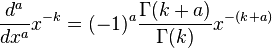  \dfrac{d^a}{dx^a}x^{-k}=(-1)^a\dfrac{\Gamma(k+a)}{\Gamma(k)}x^{-(k+a)}