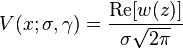 
  V(x;\sigma,\gamma)=\frac{\textrm{Re}[w(z)]}{\sigma\sqrt{2 \pi}}
