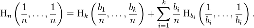 \Eta_n\left(\frac{1}{n}, \ldots, \frac{1}{n}\right) = \Eta_k\left(\frac{b_1}{n}, \ldots, \frac{b_k}{n}\right) + \sum_{i=1}^k \frac{b_i}{n} \, \Eta_{b_i}\left(\frac{1}{b_i}, \ldots, \frac{1}{b_i}\right).