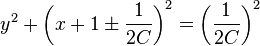  y^{2} +\left ( x + 1 \pm \frac{1}{2C} \right ) ^{2} =\left (\frac{1}{2C} \right )^{2} 