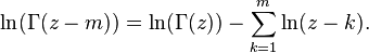  \ln(\Gamma(z-m)) = \ln(\Gamma(z)) - \sum_{k=1}^{m} \ln(z-k).